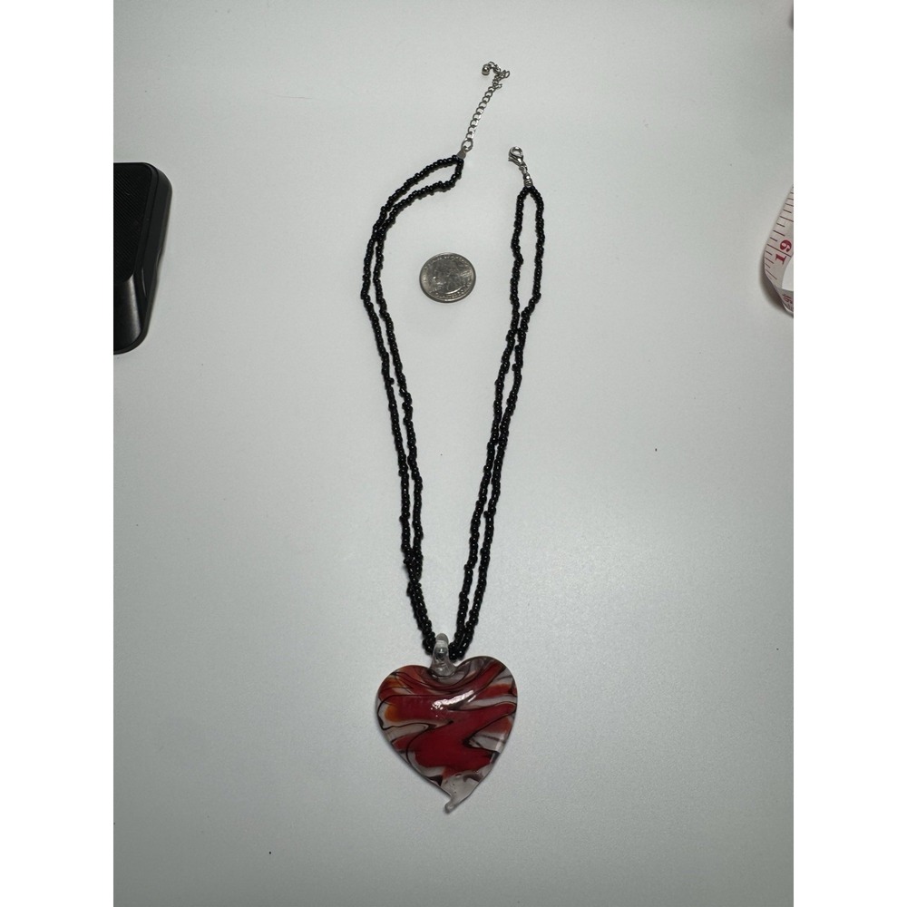 Hand Blown Red Black Gold Swirl Glass Heart Pendant Beaded Chain Necklace